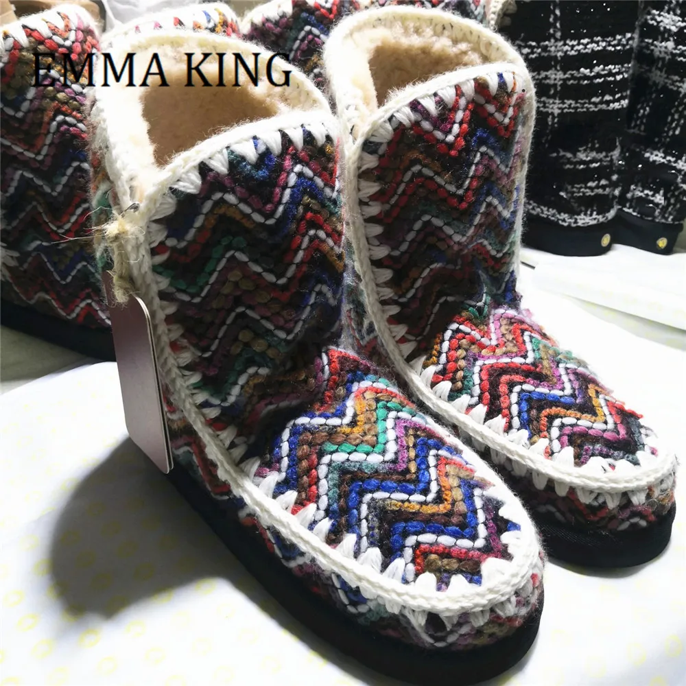 

Women Winter Snow Boots Round Toe 24cm Wool Fabric Boots Fashion Mix Multi Color Slip-on Plush Flats Keep Warm Shoes For Women