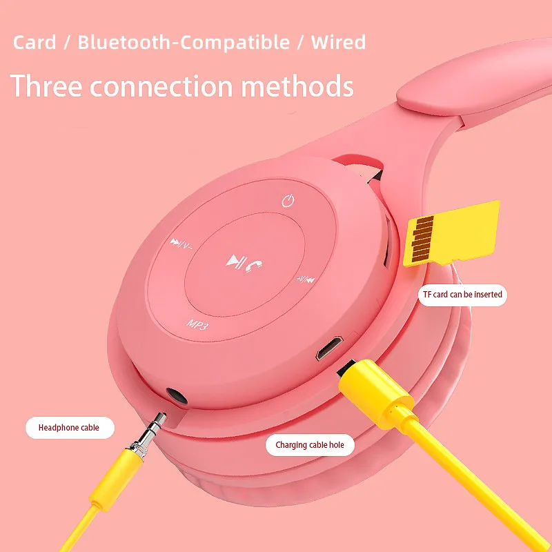 Headphones Macaron Color Hifi Music Auto Pairing Earphones Bluetooth-Compatible Wireless Can Inserted TF Card Blue Pink Headsets |