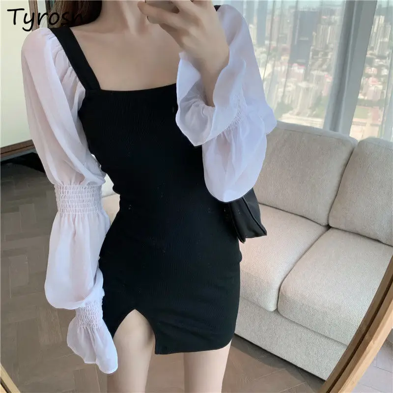 

Puff Long Sleeve Dress Women Design Patchwork Mesh Square Collar Sexy Mini Dresses Elegant A-line Side-slit Bodycon Vestido Lady