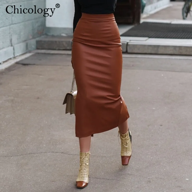 Chicology Искусственная кожа с высокой талией Миди юбка-карандаш женское винтажное