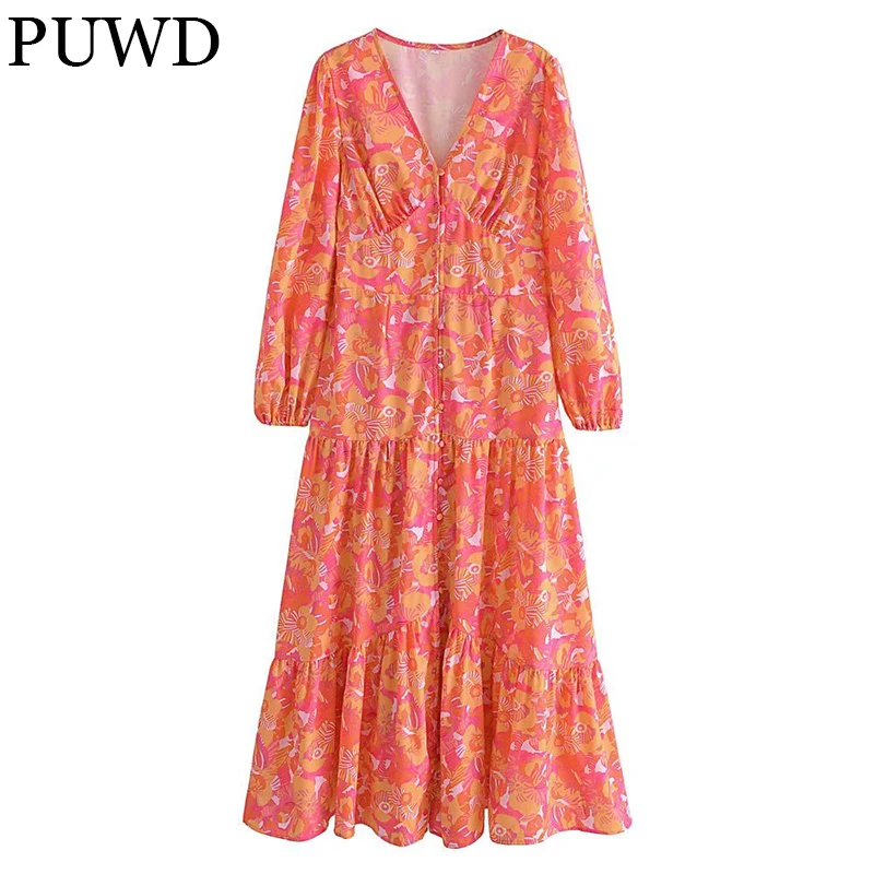 

PUWD Elegant Women Midi Dress Long Sleeve Ladies Dress 2021 Spring Fashion V-neck Flower Printing Loose Female Chic Dresses
