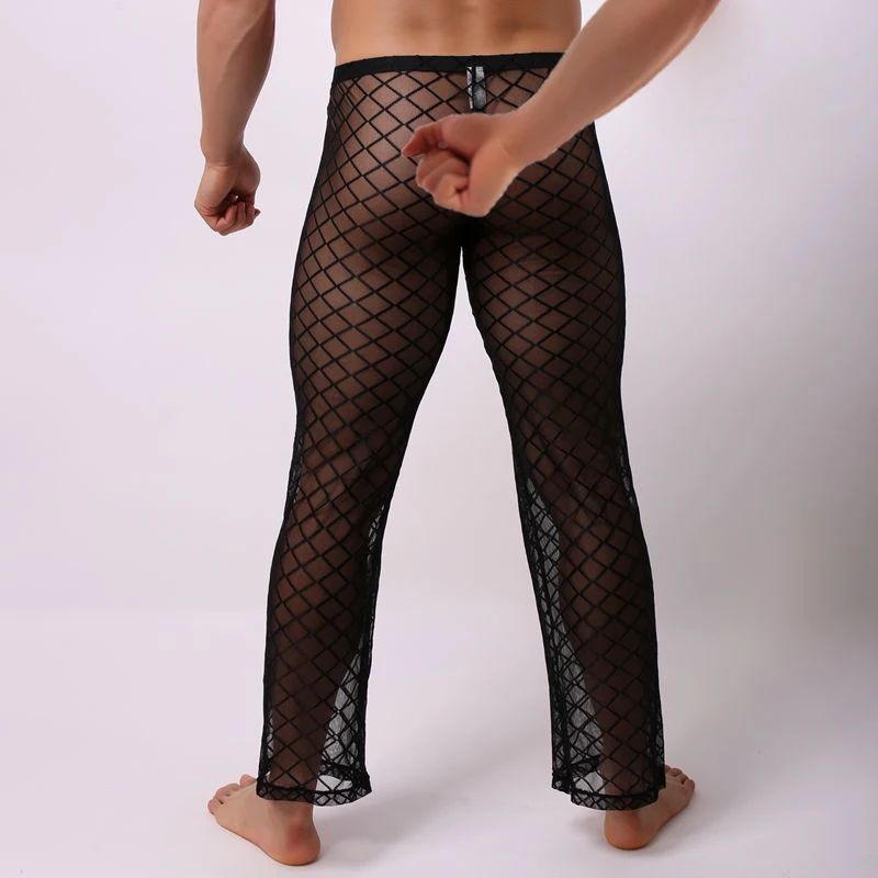 

Sexy Mens Mesh Transparent Long Pants Thin Pajamas Trousers Grid Singlet Fishnet Sheer Pants Breathable Stage Male Sleep Bottoms
