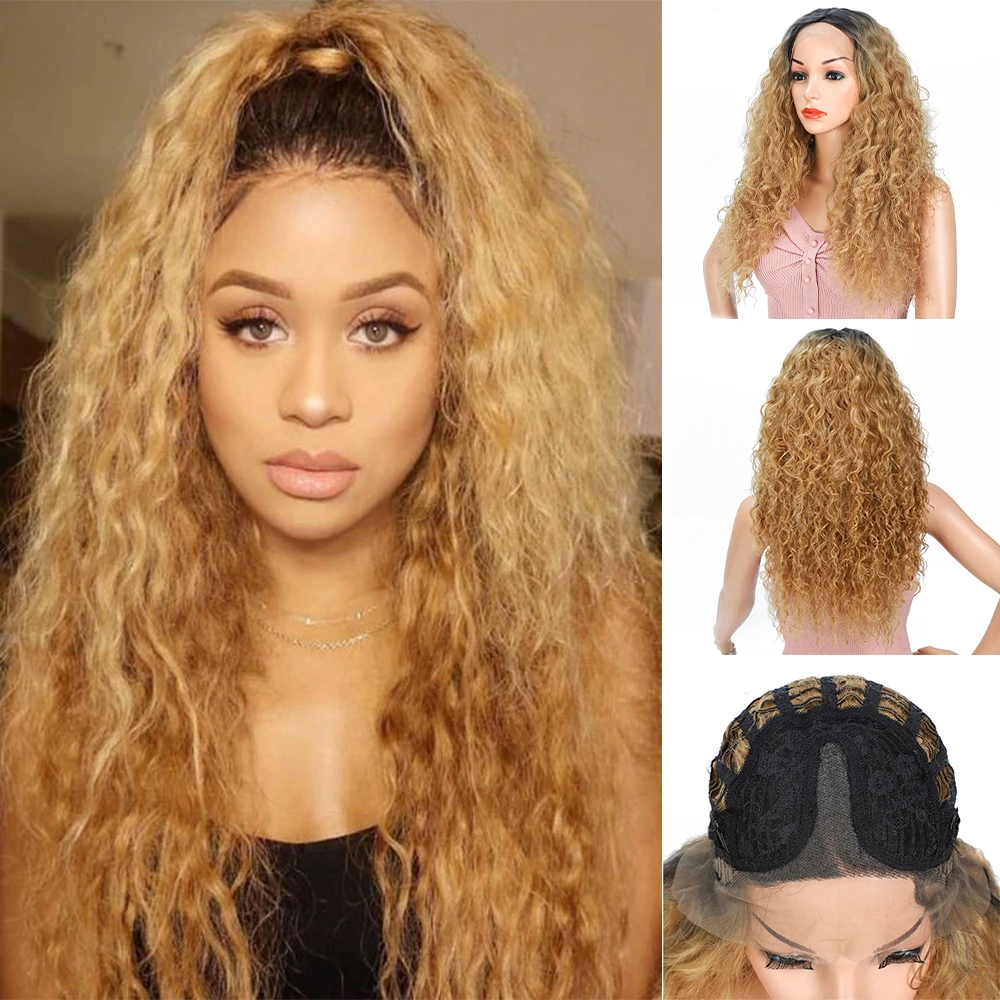 Natifah блонд парик длинные вьющиеся волосы перука синтетические кружева передний