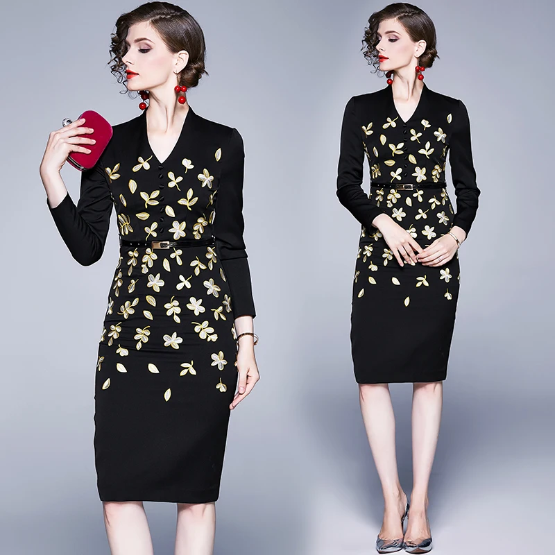 Женское Деловое платье с цветочной вышивкой элегантное облегающее миди для
