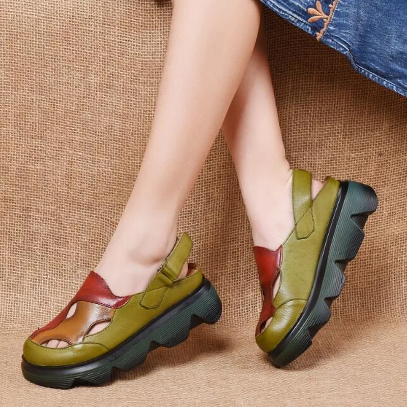 2021 летние женские босоножки из натуральной кожи на платформе ручной работы