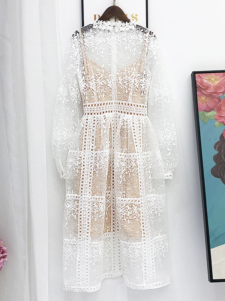 

Summer Ladies Net Yarn Embroidery Hollow Perspective Lace Sexy Dress 2021New Ladies Long Sleeve Retro Elegant Dress Bing XL
