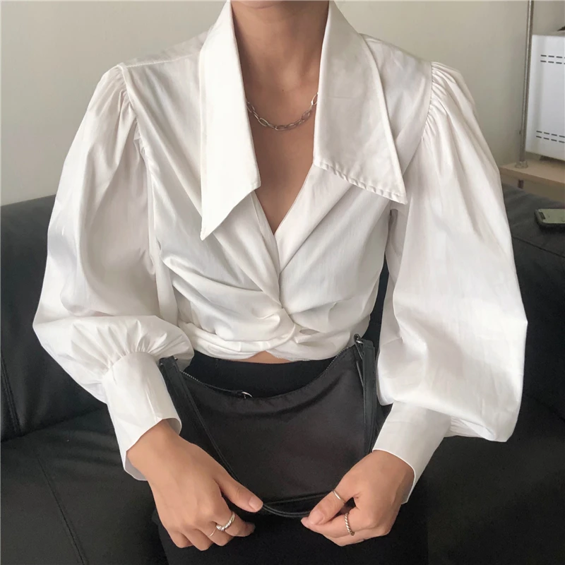 

Women Solid OL Blouses Y2K Office Lady Camisas De Mujer Shirts Casual Folds Blusas Autumn Fashion Crop Tops Tees Female T082