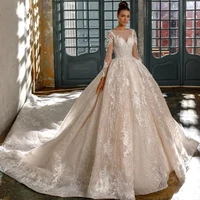 macdugal gorgeous o neck lace applique wedding dress long sleeve cute dress shiny tulle palace tail customization