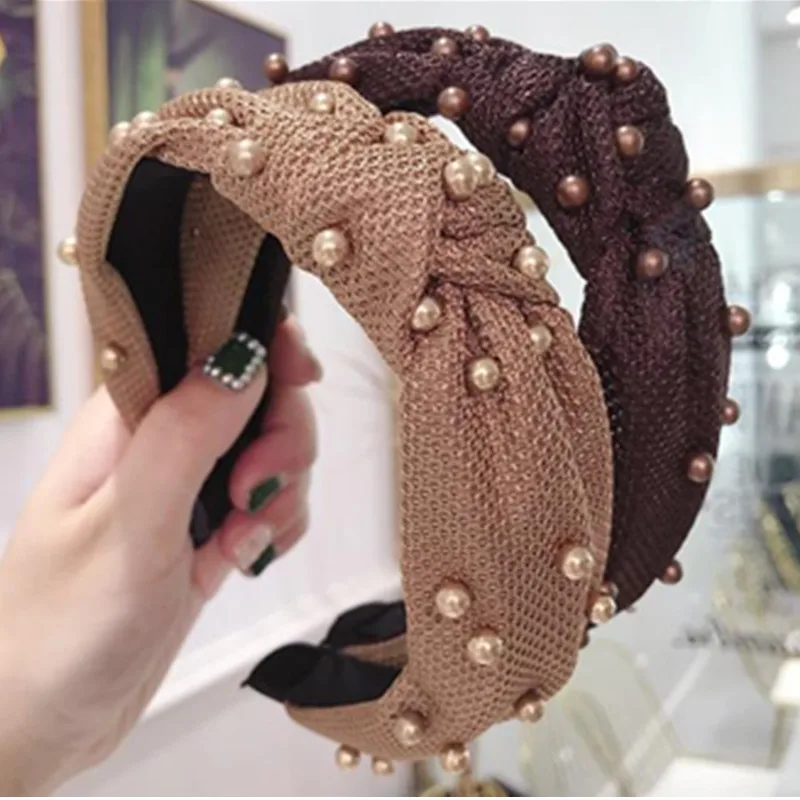 Хаки цветная повязка на голову с жемчугом для Для женщин шириной сетки бантом