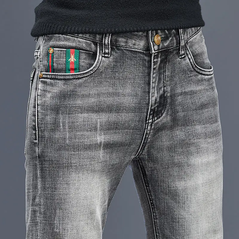 

High-end jeans men's spring and summer new fashion embroidered black gray stretch pants
