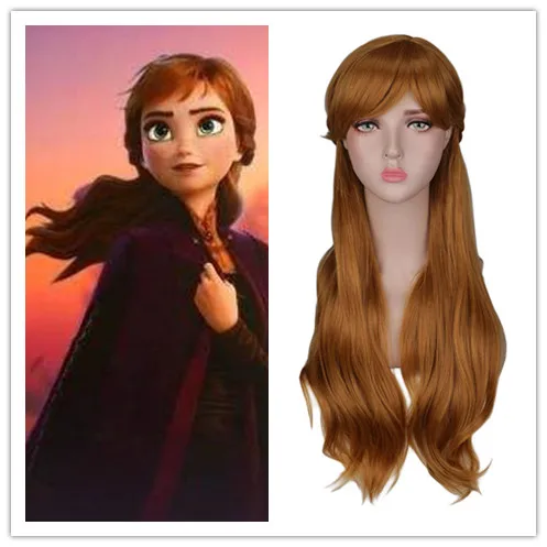 

New Anime Princess Anna Cosplay Wig 70cm Long Curly Wavy Heat Resistant Synthetic Hair Brown Women Costume Party Wig