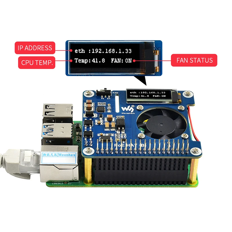 Плата Raspberry Pi 4 Power Over Ethernet HAT (B) 802.3af POE с температурным охлаждающим вентилятором OLED