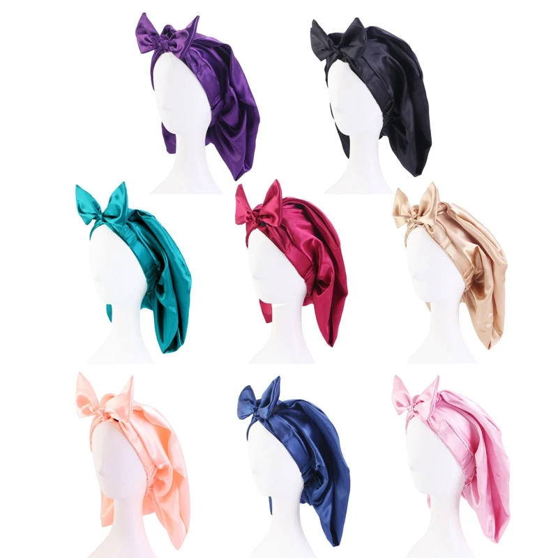

New Women Solid Color Satin Knotted Bow Long Tube Foldable Bonnets Waterproof Silky Night Sleeping Caps Headscarf Shower Caps