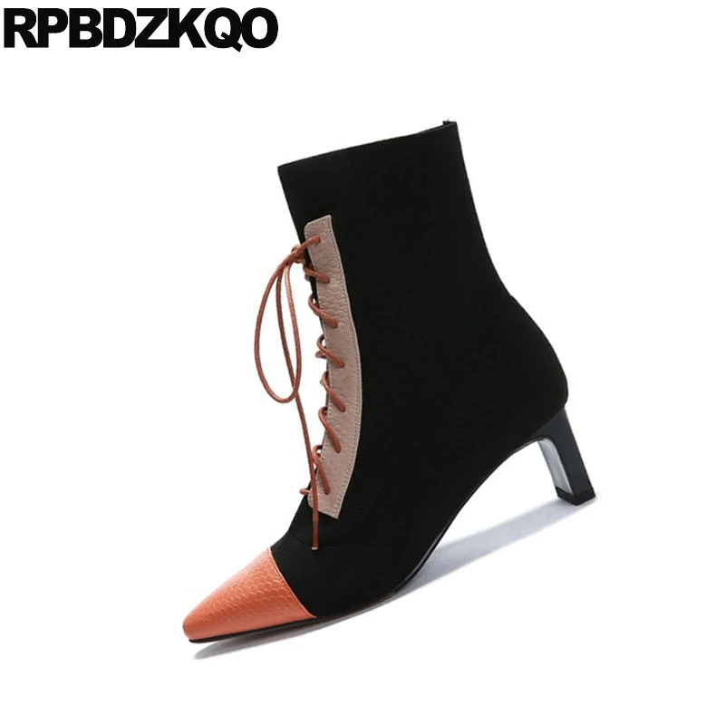 Ботильоны женские на шнуровке спереди с острым носком высоком каблуке|Женские