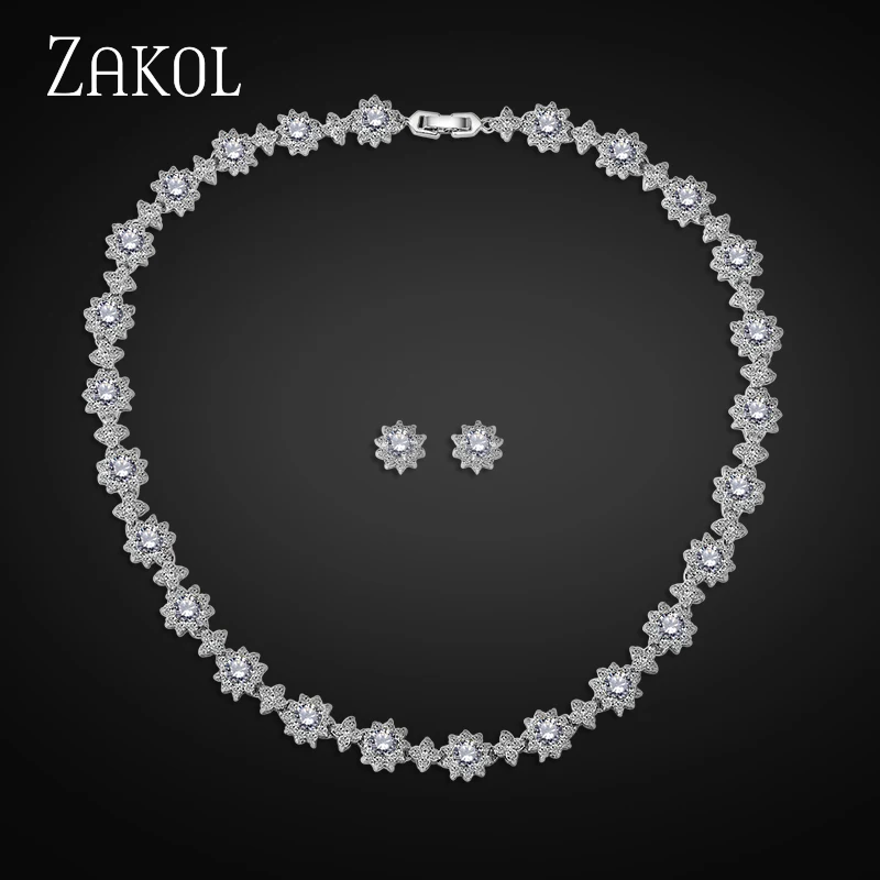 ZAKOL ослепительный AAA Круглый Цирконий цветок наборы свадебных ювелирных изделий для элегантных женщин вечерние платья FSSP121 - Окраска металла: White