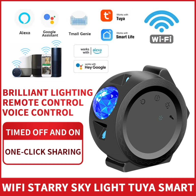 Tuya Smart Life Wifi APP Starry Sky Projector Galaxy Stars Moon Ocean Voice Music Control LED Night Light Lamp For Kid | Электроника
