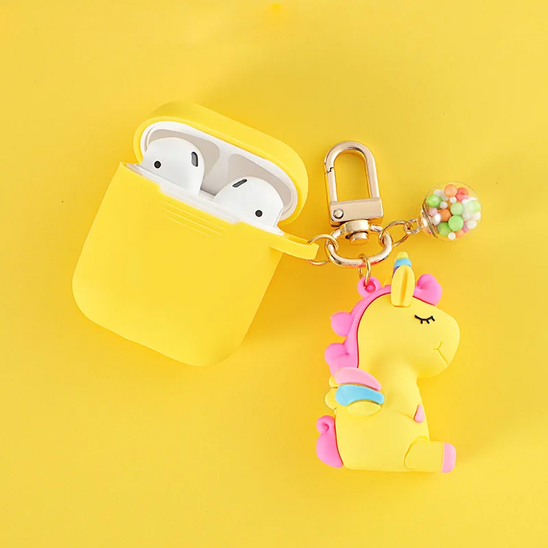 Yellow Милый брелок для ключей с единорогом силиконовый чехол для гарнитура для Airpods Чехлы для Apple Airpods 1 2 Bluetooth наушники защитный чехол - Цвет: Yellow