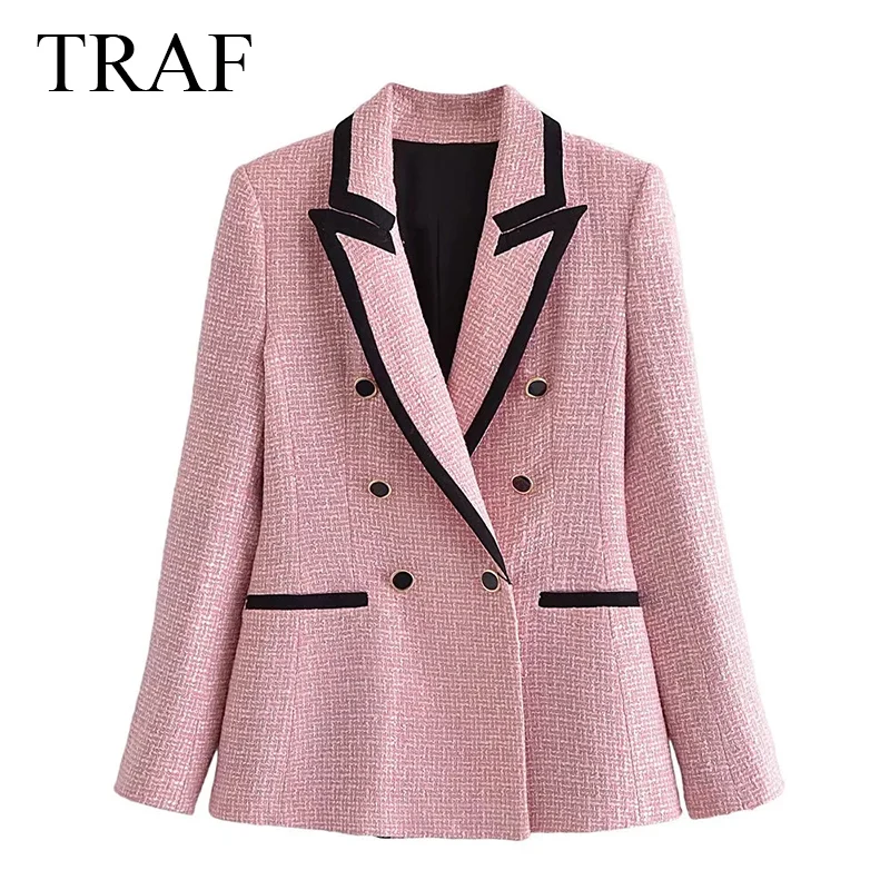 

TRAF ZA Women's Jacket Autumn Plaid Texture Double Breasted Coat Elegant Notched Collar Tweed Female Blazer Commute Outerwear