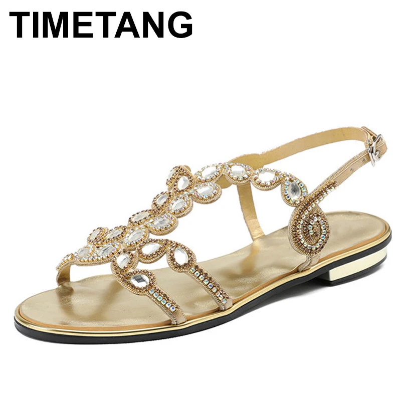 

TIMETANG 2021Summer Rhinestone Elegant Big Size Diamond Belt Buckles Casual Shoes Gold Silver Black Thick Heel SandalsE1056