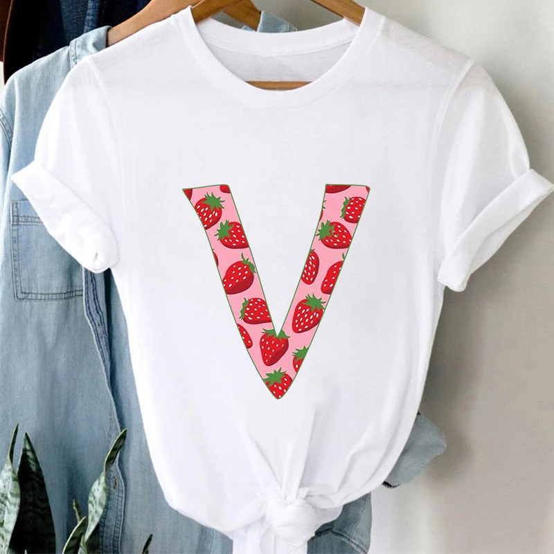 

2021 Summer Women's T-shirt Letter A B C Printed T-shirt Strawberry Pattern Customized T-shirt Fashion Retro Top T-shirt Femme