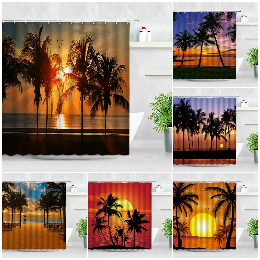 

Ocean Scenery Shower Curtain Set Beach Tropical Plants Palm Tree Sunset Dusk Landscape Waterproof Fabric Decor Bathroom Curtains