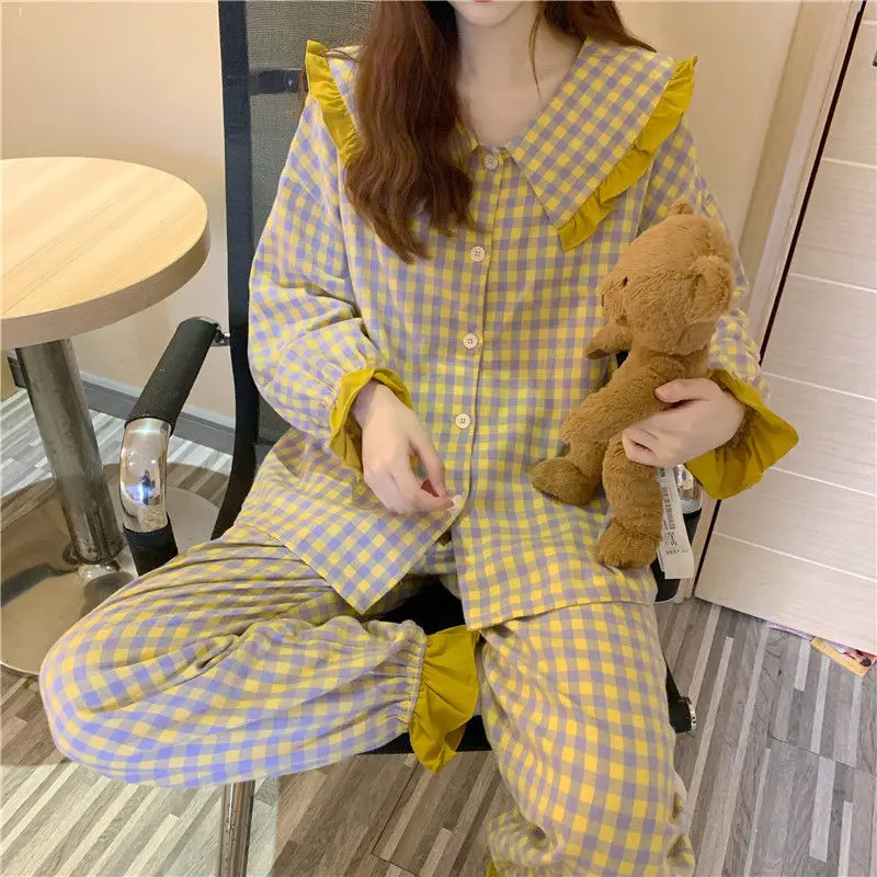 

New pajamas women's cardigan simple sweet long sleeve lace girls' two-piece home wear