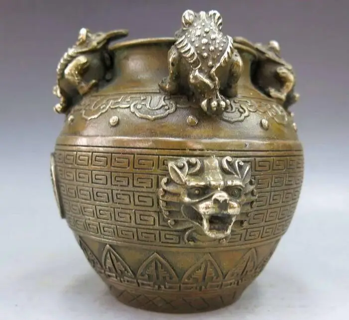 China brass copper carved Feng Shui dragon and toad money Vase pot Statue