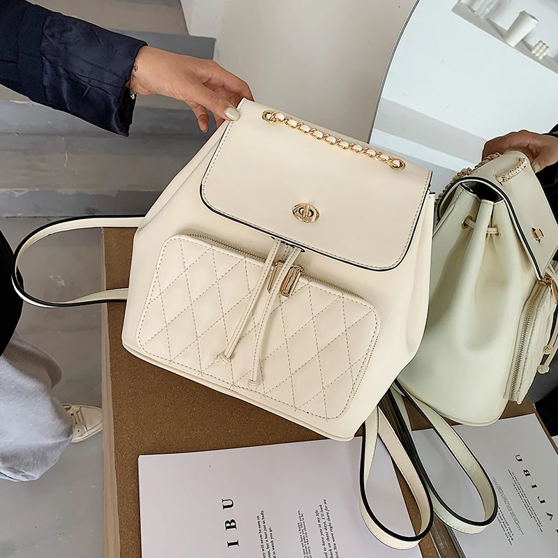 

Simple Women Flap Travel Rucksack with Rhombic Pattern PU Leather Mochila Casual Lady Waterproof Large Capacity Rucksack Bulsos