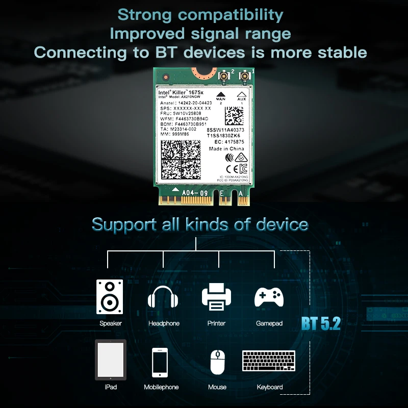 Killer 1675X AX210 5374 Мбит / с WiFi 6E адаптер Bluetooth 5.2 Трехдиапазонная беспроводная карта M.2