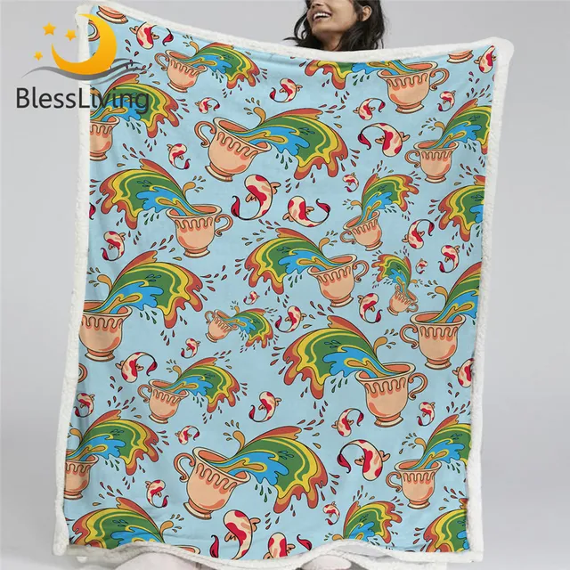 BlessLiving Colorful Sherpa Blanket Rainbow Drink Soft Fluffy Blanket Cups Funny Plush Bedspread Fish Koi Throw Blanket Cobertor 1
