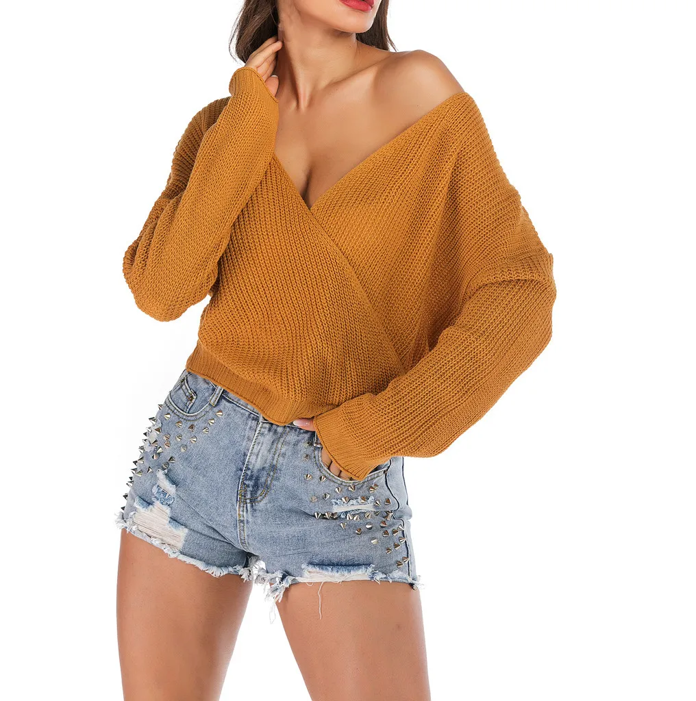 SAGACE женский сексуальный короткий вязаный свитер с v-образным вырезом