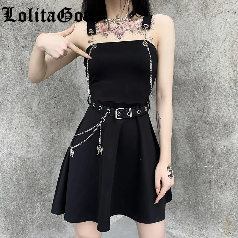 

Lolita Goth Black Punk Mini Dress A-line Chain Patchwork Sleeveless Punk Dress Women Harajuku Grunge Vintage Dresses Summer 2021