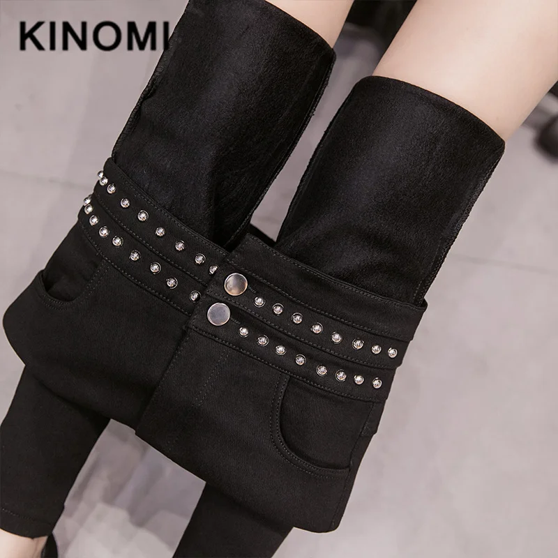 KINOMI осень зима толстые OL стиль женские брюки карандаш Высокая талия заклепки