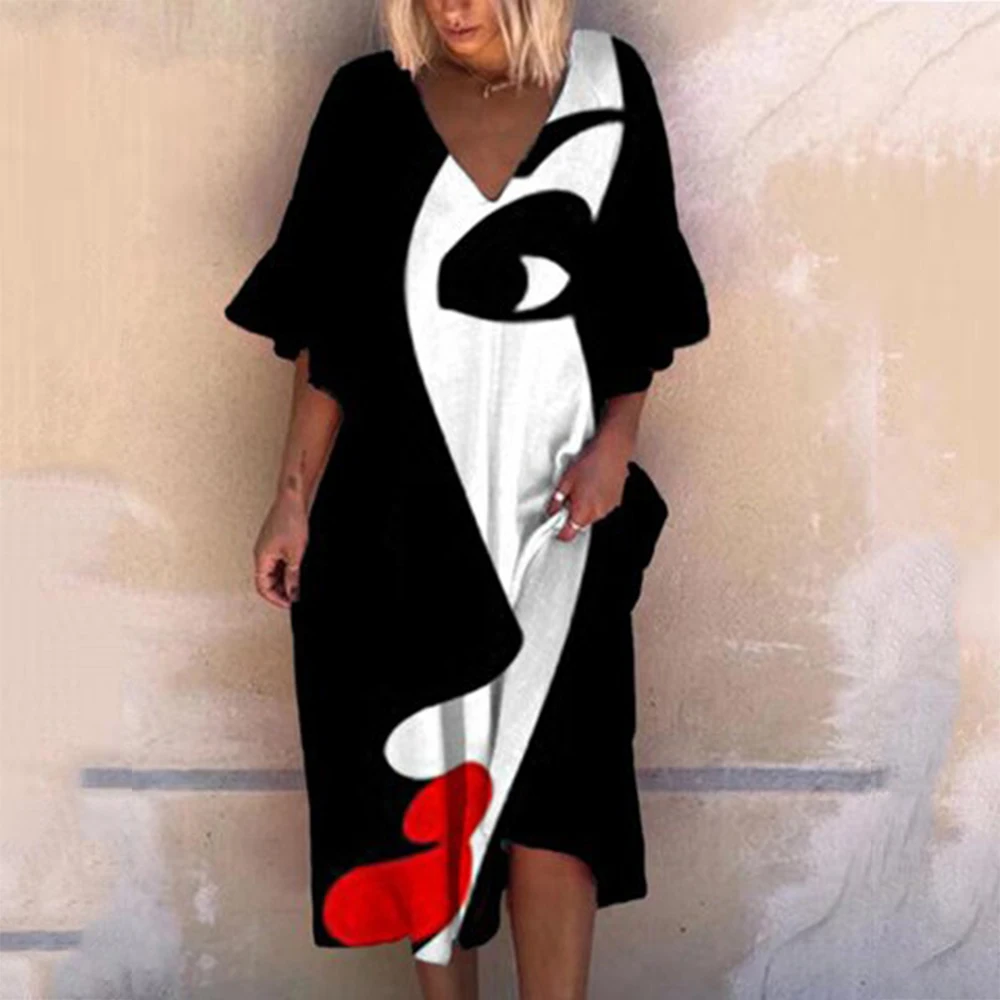 

Женское платье-миди с V-образным вырезом и геометрическим принтом