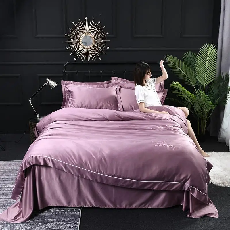 4pcs Home Textile silk tencel bedding set embroidery bed sheet duvet cover Fitted Bed Flat king queen size | Дом и сад