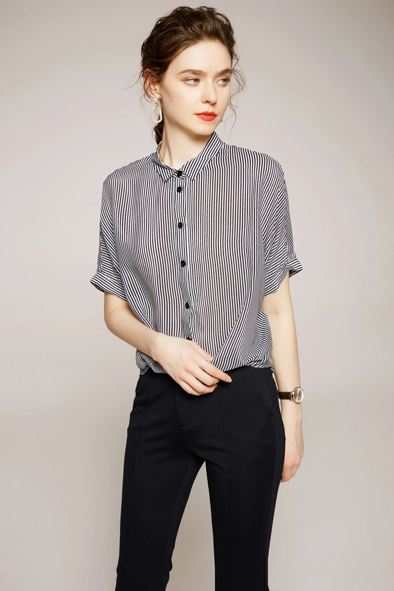 Женская рубашка из 100% шелка с отложным воротником и короткими рукавами в полоску