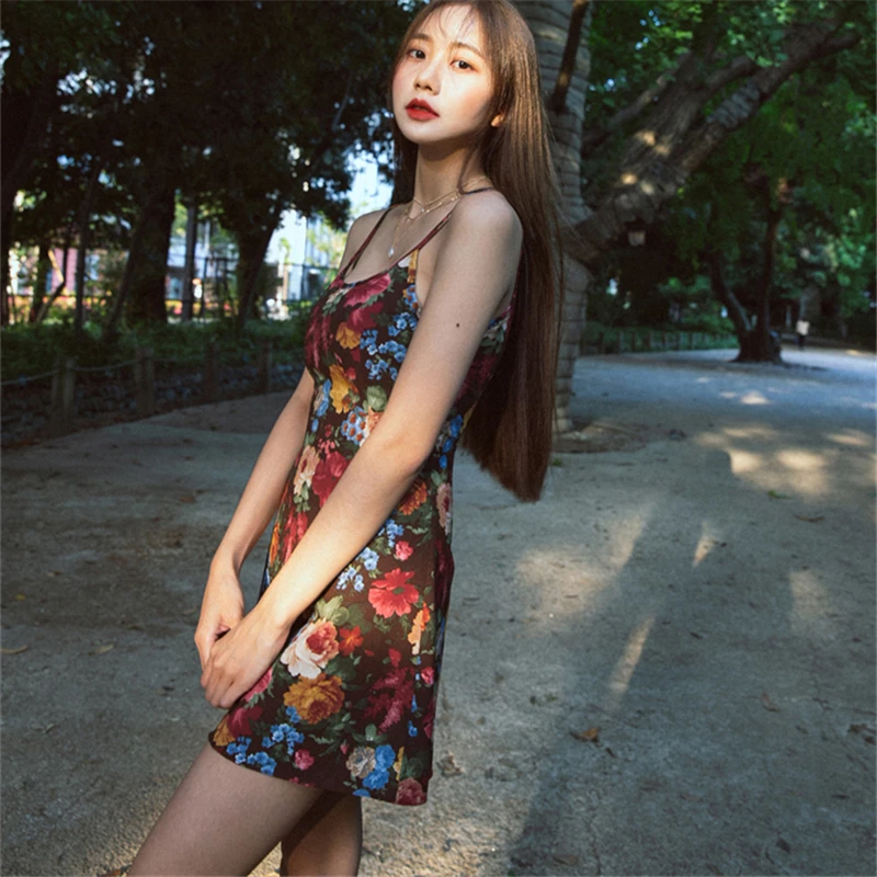 Preppy Style Print Women Dress Korean Spaghetti Strap Vintage A-line Ladies Casual Sleeveless High Waist Mini Dresses | Женская одежда