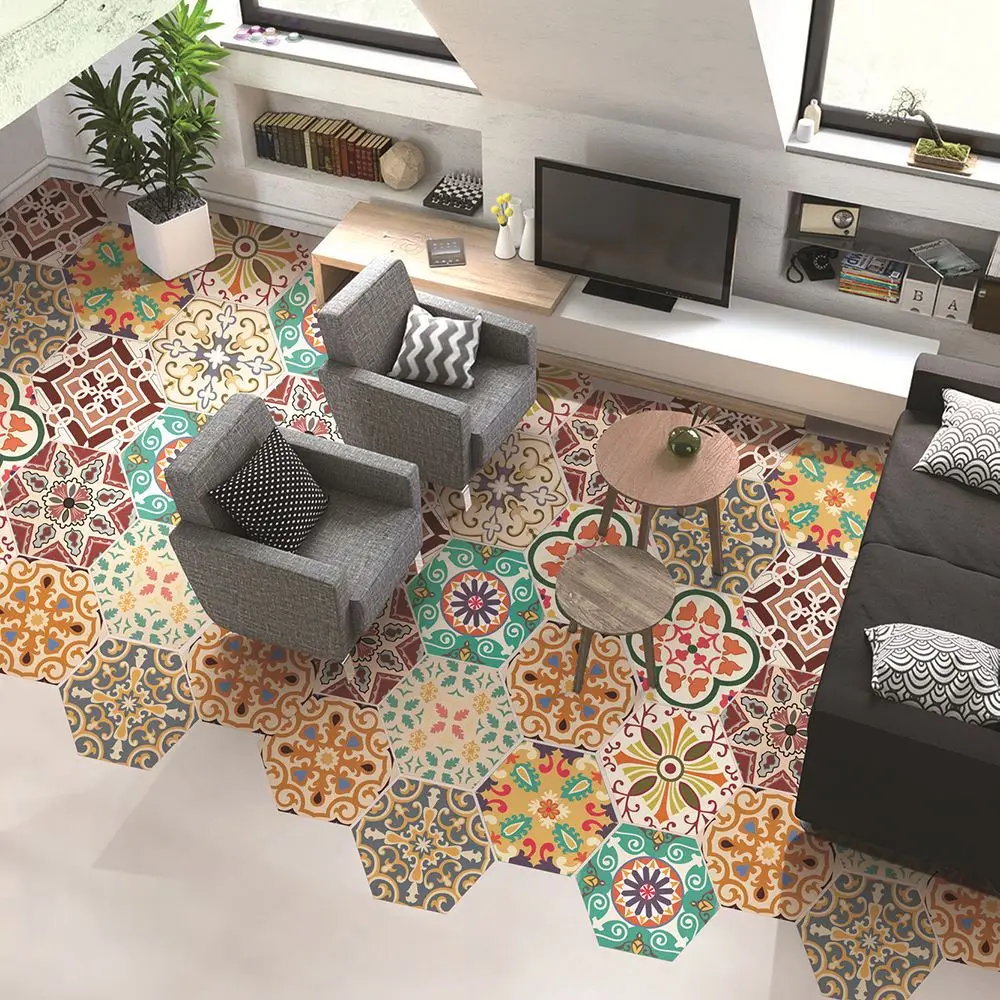

10Pcs 3D Wall Sticker Mandala Style Six-Sided Tile Stickers Bathroom Kitchen Home Non-Slip Floor DIY Mosaic Wall Stickers