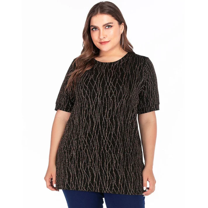 5XL размера плюс женская блузка рубашка летняя короткий рукав расшитая блестками
