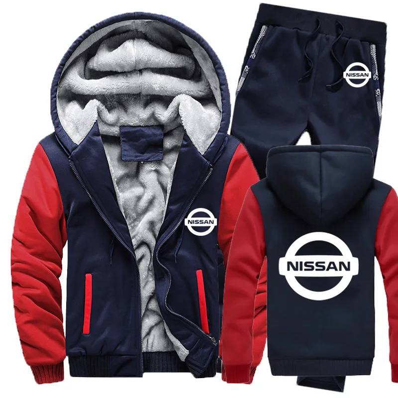 

NEW Winter Hoodies Men Nissan Car Logo Mens Hoodies Suit Thicken Warm Fleece cotton Zipper Tracksuit Mens Jacket+Pants Sets