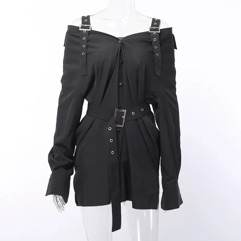 

FSNFOX Goth Punk Loose High Waist Sexy Dresss Streetwear Fashion Slim Pin Buckle Shirt Strap Skirt Wonmen Long-sleeved Dresses