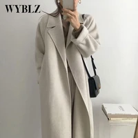 women elegant long wool coat with belt solid color long sleeve korean fashion outerwear ladies overcoat autumn winter clothing