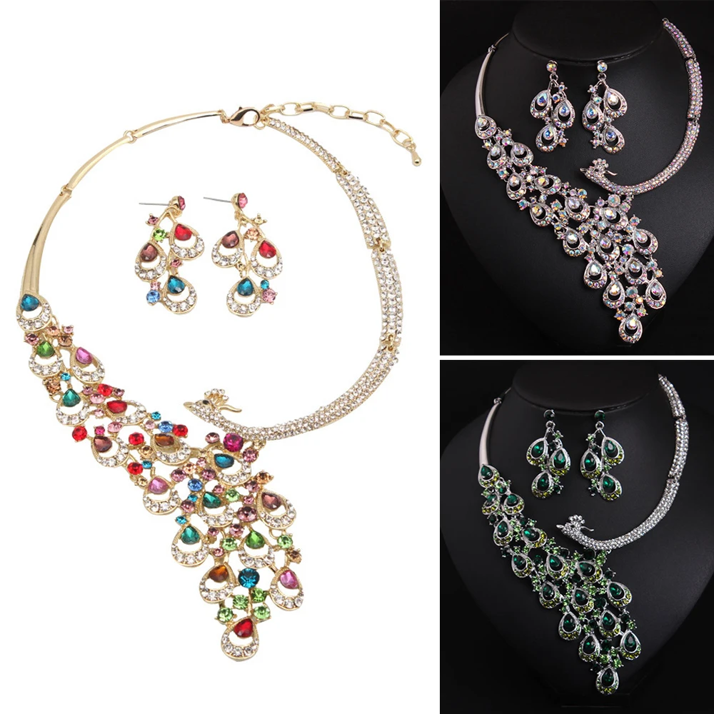 

Luxury Statement Peacock Bib Necklace Earring Crystal Rhinestone Choker Pendant Jewelry Set Indian Bridal Wedding Party Jewelery