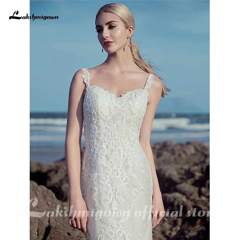 

Beautiful Spaghetti Strap Mermaid/Trumpet Wedding Dresses Back with Lace Beading Sweetheart Neck Sweep/Brush Train Lace Tulle