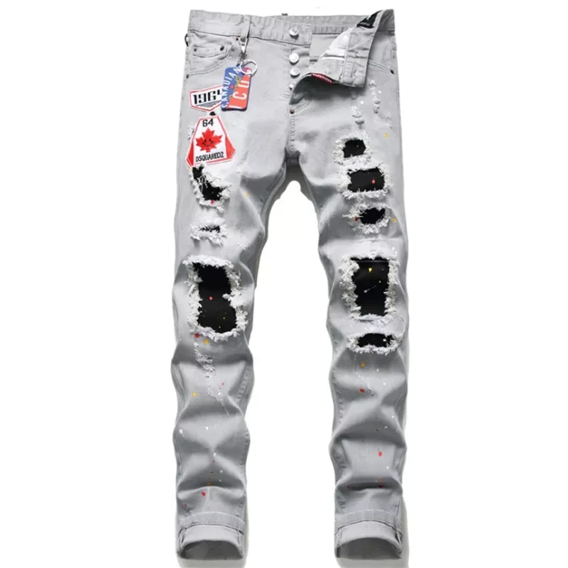 

2021 New D2 Denim Trousers Men's Jeans Ripped Patches Spray Paint Badge Slim Fit Stretch Pants classic European Maple leaf jeans