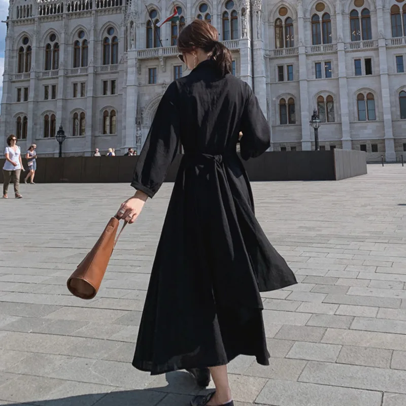 

New 2021spring Woman Dress Black Hepburn Style Outdoor Skirt High Waist Slim A-Line Cotton Hemp Art Long Ankle Sweet Robe D6