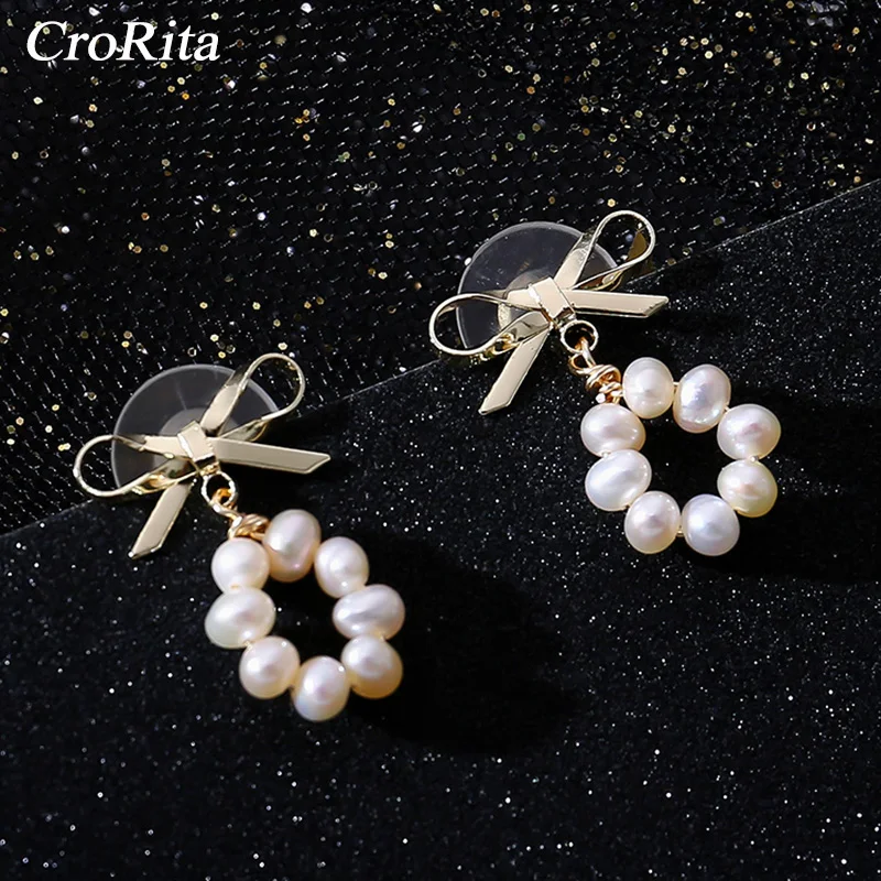 Женские жемчужные серьги CroRita круглые подвески с бантом очаровательные