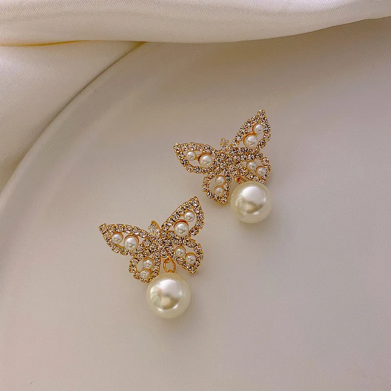 

New Design Butterfly Pearl Drop Earrings For Women Girls Korean Fashion Simple Chic Full Rhinestone Earings Jewelry