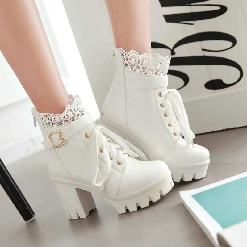 

2021 new spring and autumn winter single boots children's shoes super high heel thick heel lace up Boots White Large Plush
