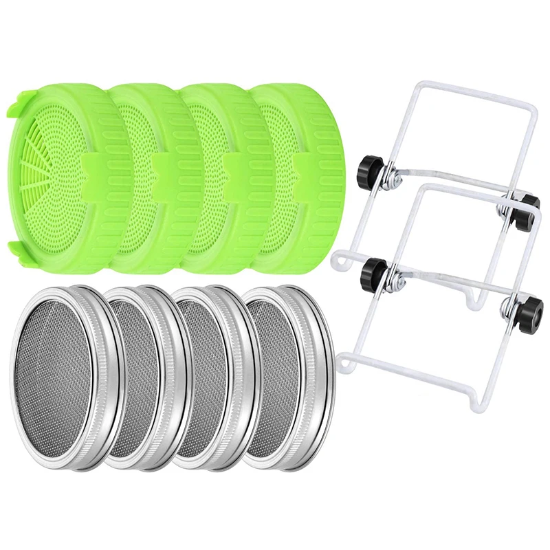 

8 Pieces Sprouting Lids Plastic and Strainer Lid with 2 Sprouting Stands for 86 mm Wide Mouth Mason Canning Jars